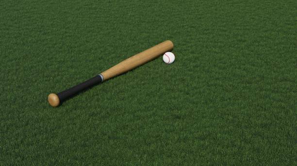 istock 3D render - a ball and a baseball bat lie on a green lawn 1444384016
