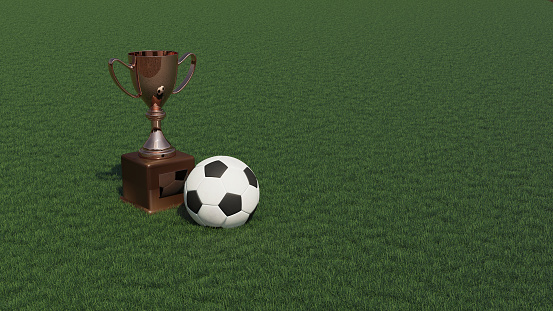 3D render - a soccer ball and a golden cup stand on a green lawn.
