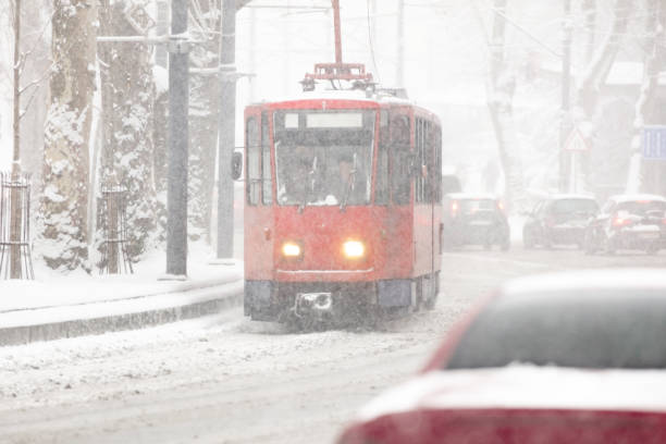 istock Tram public transportation in winter conditions. 1444384626