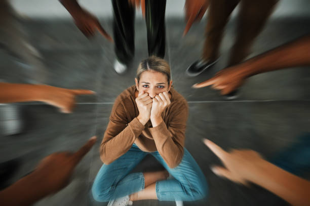 istock Fear, bullying and hands pointing at girl scared, sad and crying for help from stress, depression and group circle. Judge, anxiety and woman suffering from crowd blame, trauma or emotional pain 1444388520
