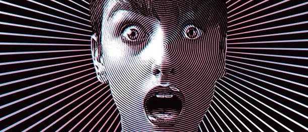 Vector illustration of Woman with shocked facial expression and Glitch Technique