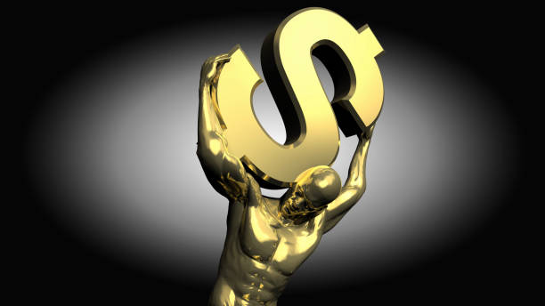 Man Carrying Heavy Dollar Debt Burden Atlas statue design with a Dollar symbol on his back. / You can see the animation movie of this image from my iStock video portfolio. Video number: 1443650761 super money stock pictures, royalty-free photos & images