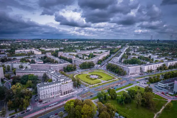 Photo of Plac Centralny Nowa Huta, Krakow, Poland, Europe, aerial 4k video panorama. Ronald Reagan Central Square in Nowa Huta.