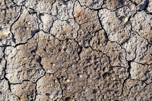 Dry soil in the cracks, natural background, hot climate. Drought land without water texture. The concept of global warming, cataclysms and drought.