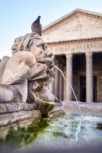 Fountain in front of Pantheon in Rome, Italy -the original marble sculptures are in Museo di Roma.