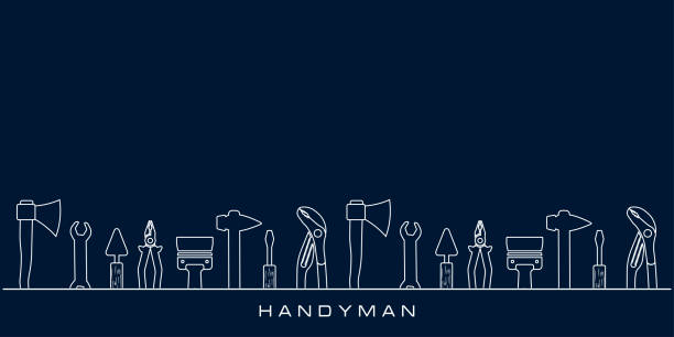 ilustrações de stock, clip art, desenhos animados e ícones de professional handyman services. vector banner template with tools collection and text space.  set of repair tools on dark blue background for your design. eps10. - nobody hammer home improvement work tool