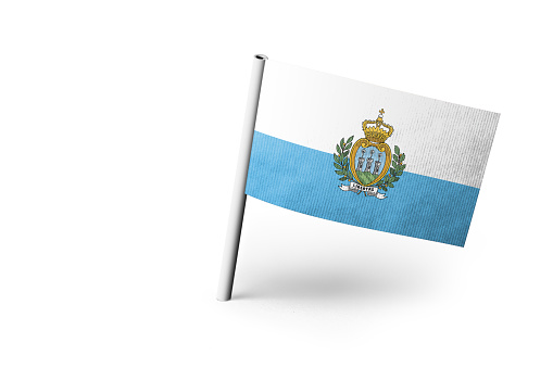 Small paper flag of San Marino pinned. Isolated on white background. Horizontal orientation. Close up photography. Copy space.