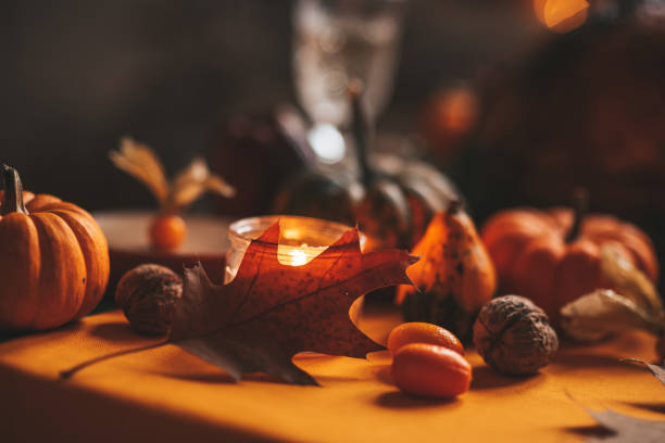 istock Thanksgiving holiday dinner table setting with fall decoration and pumpkins 1444397101