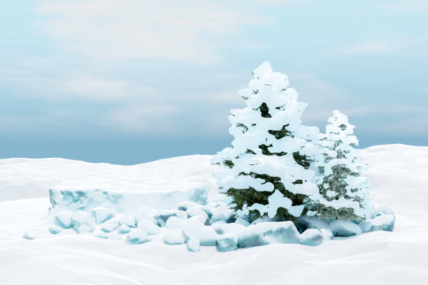 abstact 3d render christmas winter scene and natural podium background, ice snow podium with small rock and tree covered snow for product display advertising cosmetic beauty products, skin care or etc - christmas winter non urban scene pine tree zdjęcia i obrazy z banku zdjęć