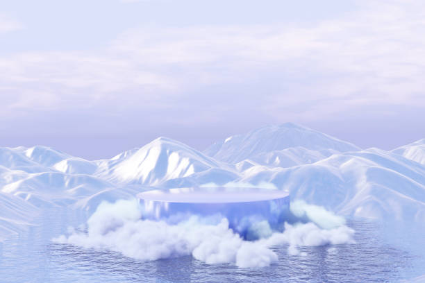 abstact 3d 렌더링 장면과 자연 연단 배경, 연단으로 덮인 구름은 바다 배경 얼음 눈 산에 떠 있어 화장품 미용 제품 또는 스킨케어를 광고하는 제품 디스플레이를 위해 - 빙산 얼음 형태 뉴스 사진 이미지