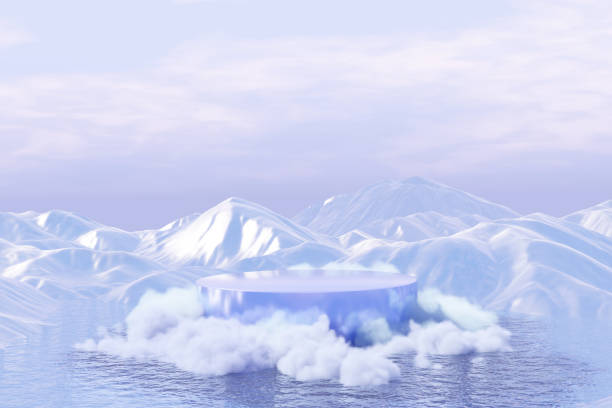 istock Abstact 3d render scene and Natural podium background, Podium covered cloud is floating on the sea backdrop ice snow mountain for product display advertising cosmetic beauty products or skincare 1444398460