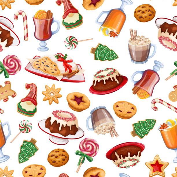 weihnachtssüßes essen und trinken set in nahtlosem muster - stockbrot stock-grafiken, -clipart, -cartoons und -symbole
