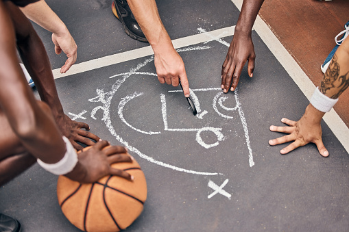 Coaching, basketball or USA sport team coach planning and talking about strategy for event game on basketball court. Athlete sports students in communication for idea in exercise, training or workout