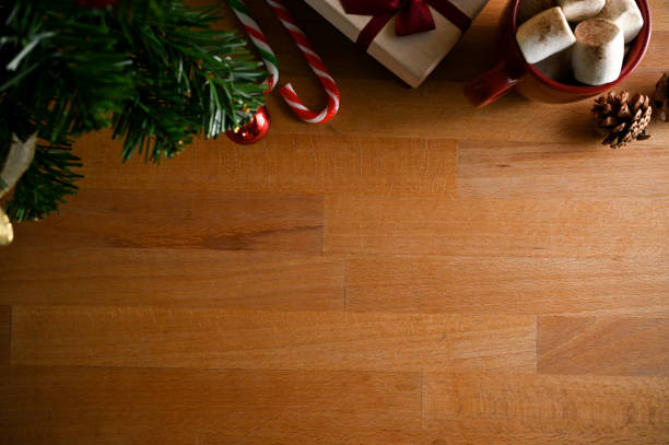 istock Christmas background top view, copy space on wooden tabletop with Christmas decor. 1444399504