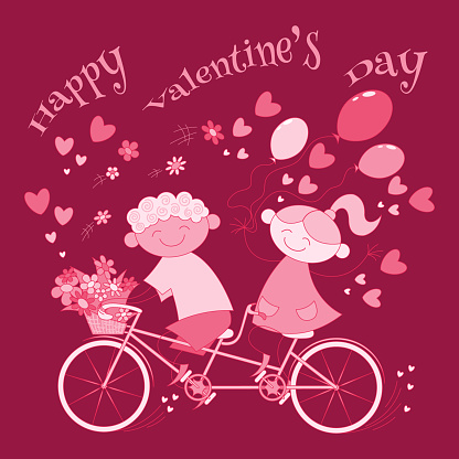 Greeting card with cartoon happy girl and boy on a bicycle with hearts, flowers and balloons in red tones for Valentine's Day