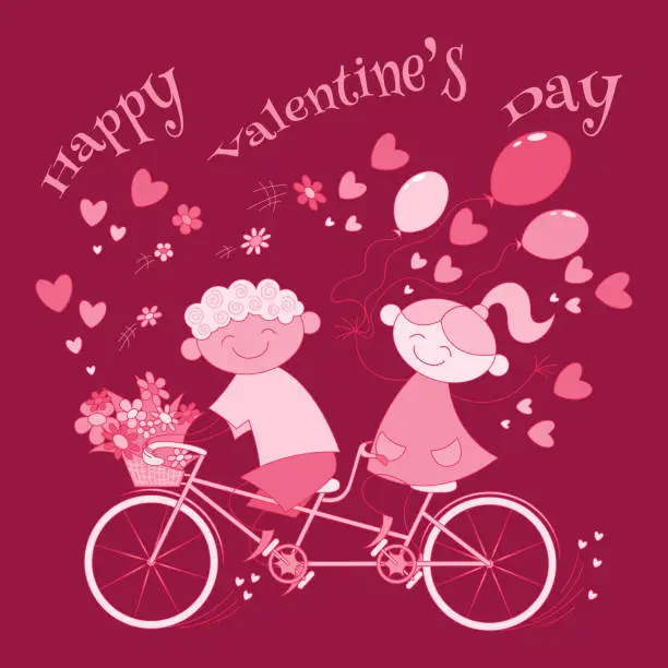 Vector illustration of Valentine's Day greeting card with cartoon happy couple on bike in red colors