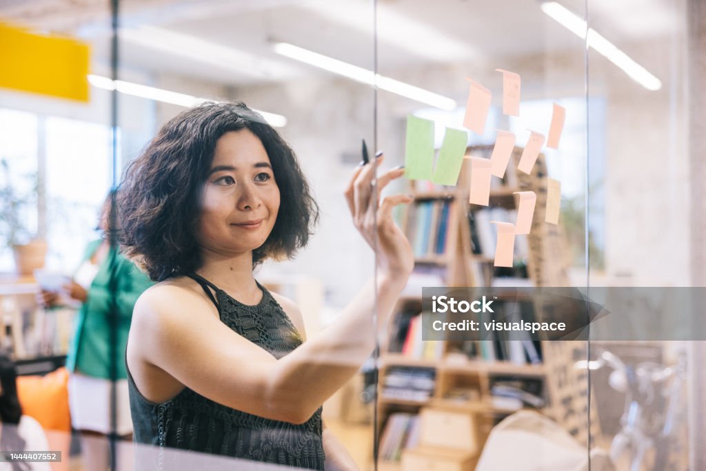 Business woman creating a mindmap on post-it notes Young Japanese Business woman creating a mindmap on post-it notes at the office. Adhesive Note Stock Photo