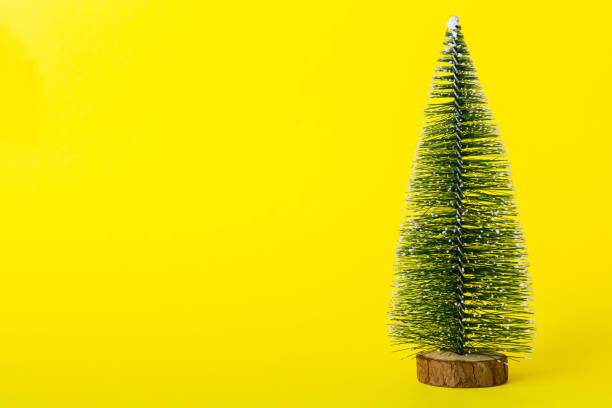 istock One small Christmas tree on colored background. new year decoration with copy space 1444408110