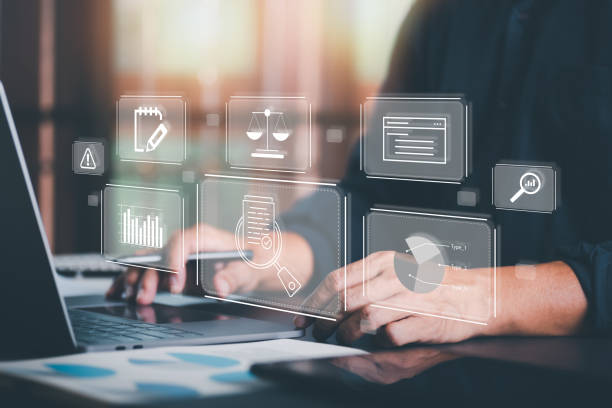istock Businessman Audit documents, quality assessment management With a checklist, business document evaluation process, market data report analysis and consulting, plan review process. 1444408976