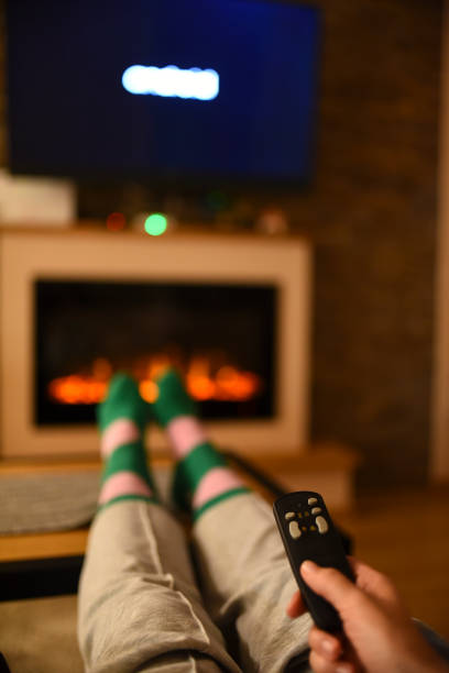 istock Winter day by fireplace and TV 1444409922