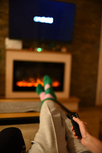 istock Winter day by fireplace and TV 1444409990