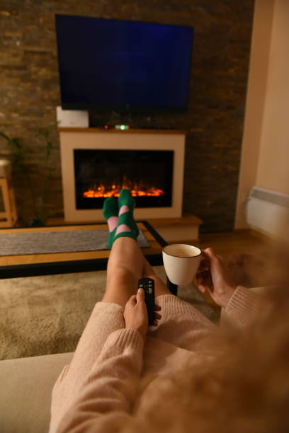 istock Winter day by fireplace and TV 1444409994