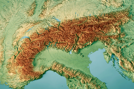 3D Render of a Topographic Map of the European Alps Mountain Range.\nAll source data is in the public domain.\nColor texture: Made with Natural Earth. \nhttp://www.naturalearthdata.com/downloads/10m-raster-data/10m-cross-blend-hypso/\nRelief texture and Rivers: NASADEM data courtesy of NASA JPL (2020).\nhttps://doi.org/10.5067/MEaSUREs/NASADEM/NASADEM_HGT.001 \nWater texture: SRTM Water Body SWDB:\nhttps://dds.cr.usgs.gov/srtm/version2_1/SWBD/