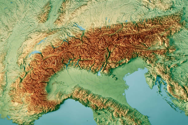 альпийский горный хребет 3d рендер топографическая карта цвет - map switzerland cartography mountain стоковые фото и изображения