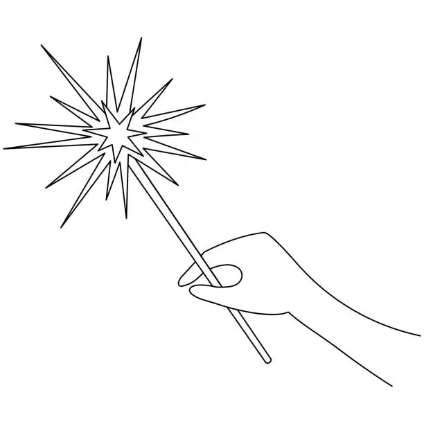 Vector illustration of Bengal fire in hand in doodle style. Sketch. Pyrotechnics and the human palm. Sparkling flame.