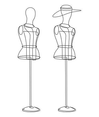 Female figure of a tailor's mannequin on a round stand. Woman in a hat. Continuous line drawing. Vector illustration