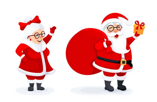 Vector illustration of Mr & Mrs Claus. Santa Claus and his wife Mrs Claus celebrate holidays.