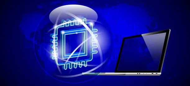 Vector illustration of Nanotechnology concept in realistic style. Laptop with central processing unit, microchip, processor on an abstract color background.