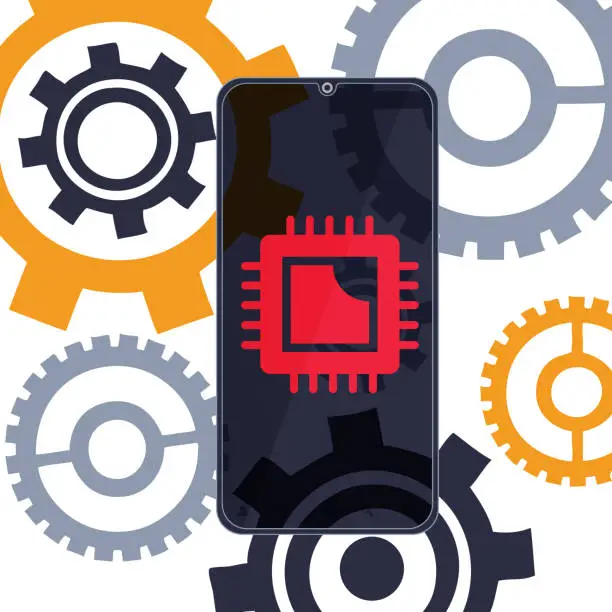 Vector illustration of Nanotechnology concept in flat style. Mobile phone with a central processing unit, a microchip on an abstract background with gears.
