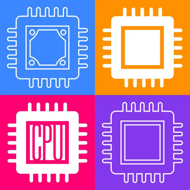 Vector illustration of Nanotechnology concept. Central processing unit, microchip, processor on an multicolored background. Stylish flat set.