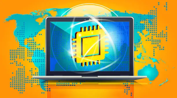 Vector illustration of Nanotechnology concept in realistic style. Laptop with central processing unit, microchip, processor on an abstract color background.