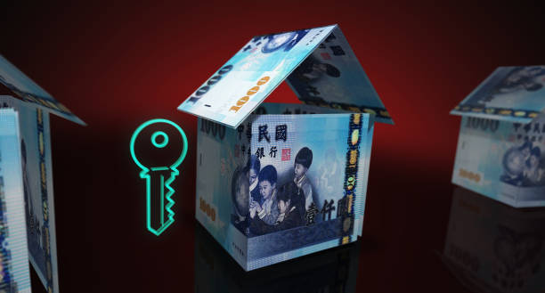 Taiwan Taiwanese Dollar 1000 TWD money banknotes paper house on the table 3d illustration Taiwanese Dollar 1000 TWD money banknotes paper house on the table. Taiwan currency notes 3D illustration concept of home mortgage loan, costs, liabilities and Dollar estate financing. twd stock pictures, royalty-free photos & images