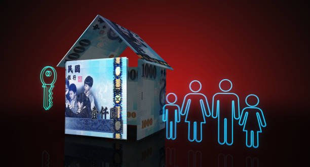 Taiwan Taiwanese Dollar 1000 TWD money banknotes paper house on the table 3d illustration Taiwanese Dollar 1000 TWD money banknotes paper house on the table. Taiwan currency notes 3D illustration concept of home mortgage loan, costs, liabilities and Dollar estate financing. twd stock pictures, royalty-free photos & images
