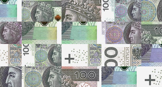 Poland Zloty 100 PLN banknotes abstract color loop pattern. Polish bank note concept of currency, finance and economy design background 3D illustration.