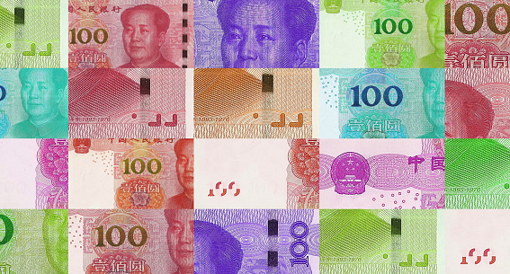 China Yuan 100 CNY banknotes abstract color pattern. Chinese bank note concept of currency, finance and economy. Design background 3D illustration.