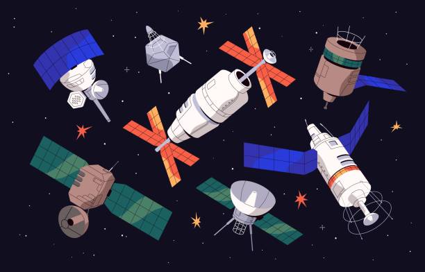ilustrații de stoc cu sateliți artificiali în spațiul cosmic. nave spațiale în cosmos. diferite obiecte de orbită cosmică cu antene, panouri solare, motor și radare, plutitoare, care zboară în univers. ilustrații vectoriale plate - satelit
