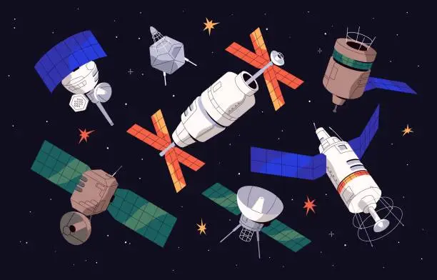 Vector illustration of Artificial satellites in outer space. Spacecrafts in cosmos. Different cosmic orbit objects with antennae, solar panels, engine and radars, floating, flying in universe. Flat vector illustrations