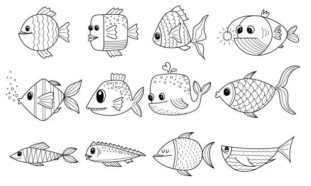 Vector illustration of Set of hand drawn outline comic fish. Cute funny abstract fish for children coloring book. Vector black and white illustration isolated on white background.