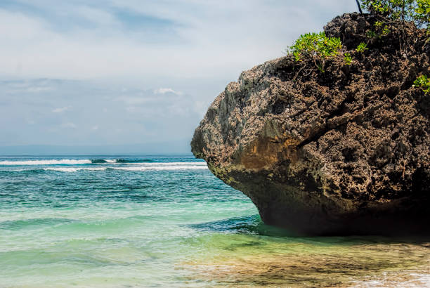 Tropical beach with panoramic views and waves, rocks and sand background