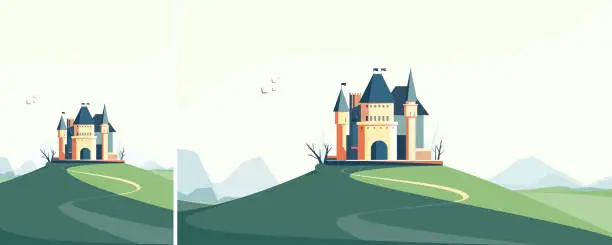 Vector illustration of Castle on the hill in spring season.