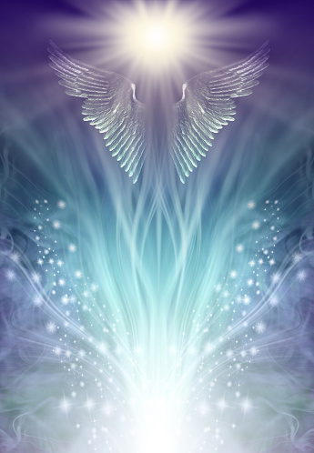 flowing white light with sparkles radiating outwards and shimmering gold angel wings above with space for messages ideal for a spiritual theme