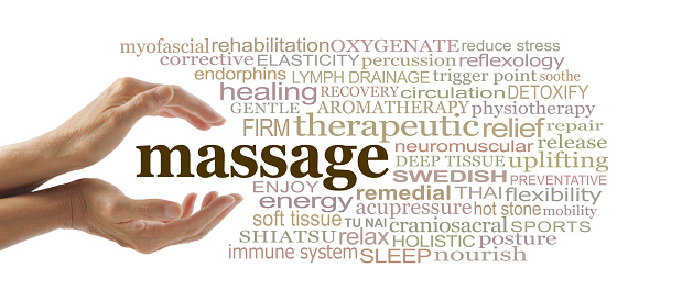 female cupped hands surrounded by a word cloud relevant to physical body therapy against a white background