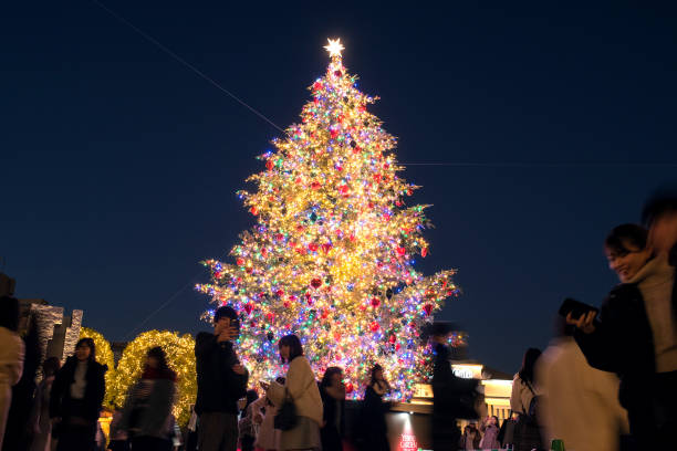 Big outdoor Christmas tree and people in Tokyo, Japan stock photo