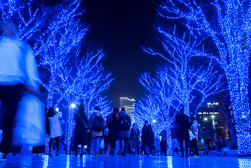 Tokyo, Japan - December 23, 2019: People walking and enjoying winter illumination event called Blue Cave at Yoyogi Park in Shibuya.