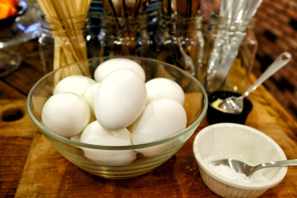 istock Close up White Boiled Eggs in Glass Bowl for Breakfast. 1444427240