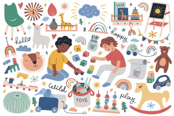 ilustraciones, imágenes clip art, dibujos animados e iconos de stock de niños pequeños jugando con juguetes scandi, colección interior de guardería boho, conjunto de juguetes ecológicos dibujados a mano, iconos garabatos de caballo mecedor, leones - escuela preescolar